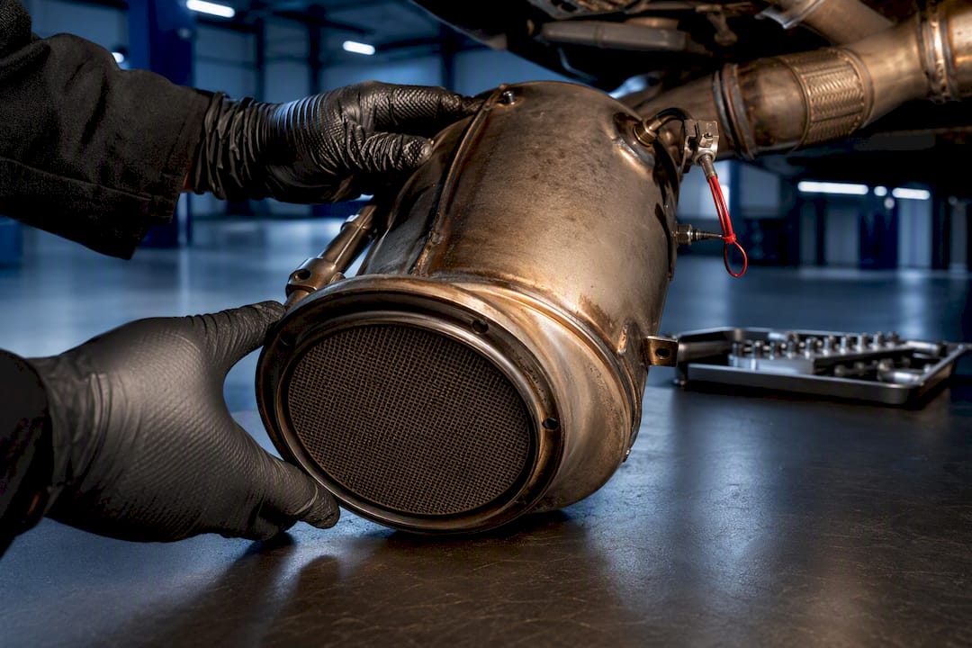 Technician inspecting anonymous DPF filter housing