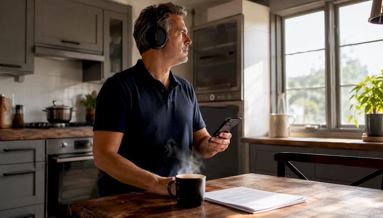 Man listening to conservative podcast at home study