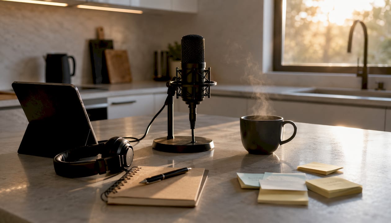 Podcast microphone and preparation notes on desk