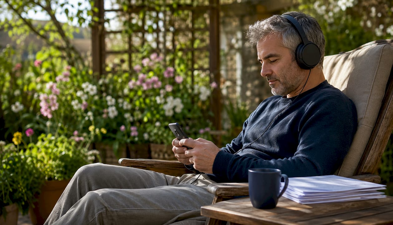 Man listening to conservative podcast at home
