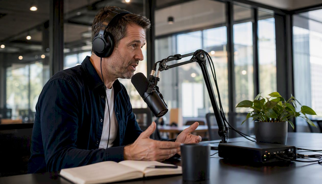 Podcast host speaking into microphone in studio