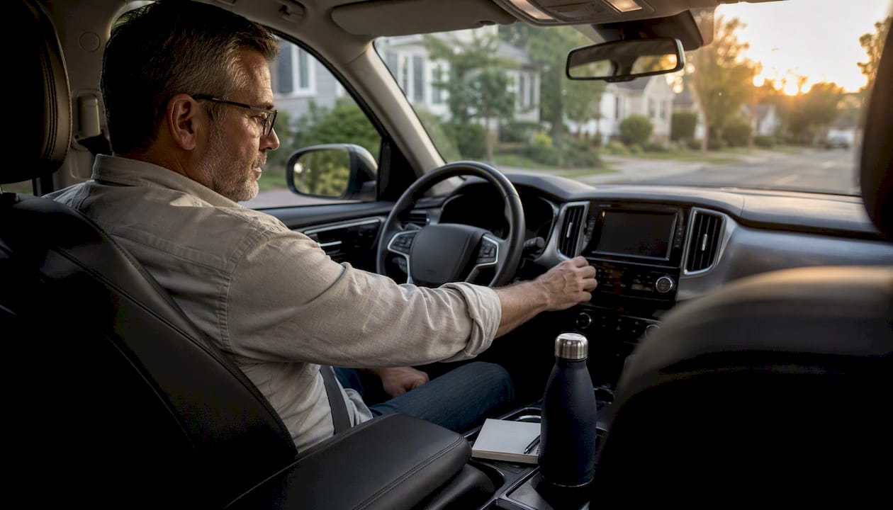 Man adjusting car radio while listening to talk show