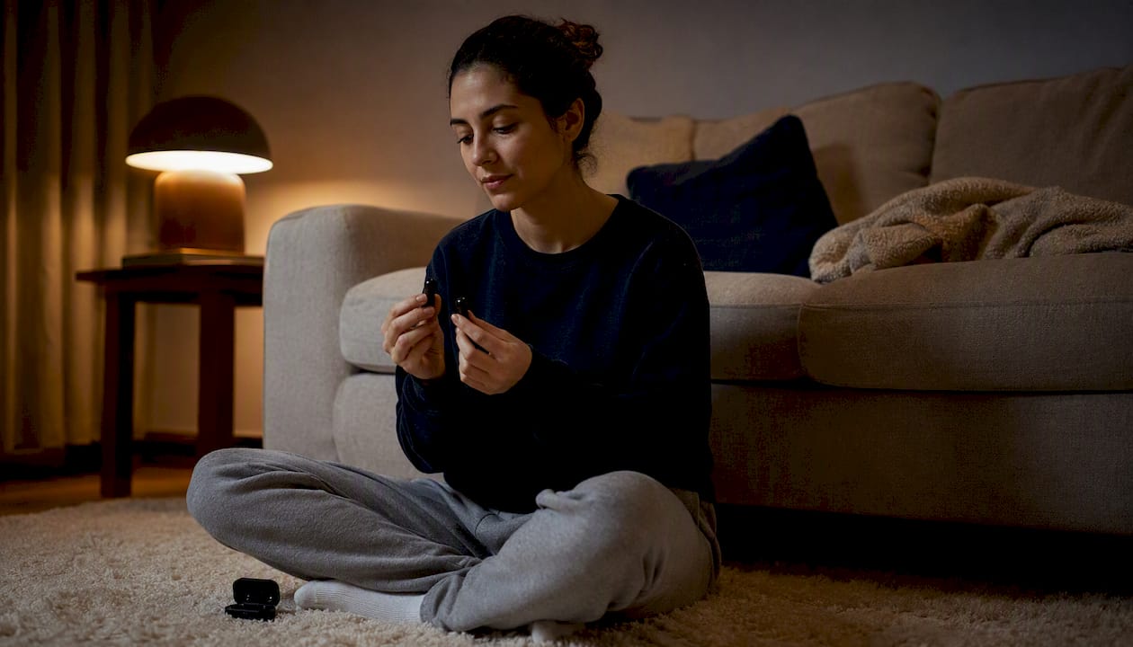 Close-up of wireless sleep earbuds and case on bedside table