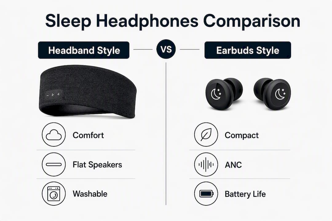 Infographic comparing headband and earbud style sleep headphones