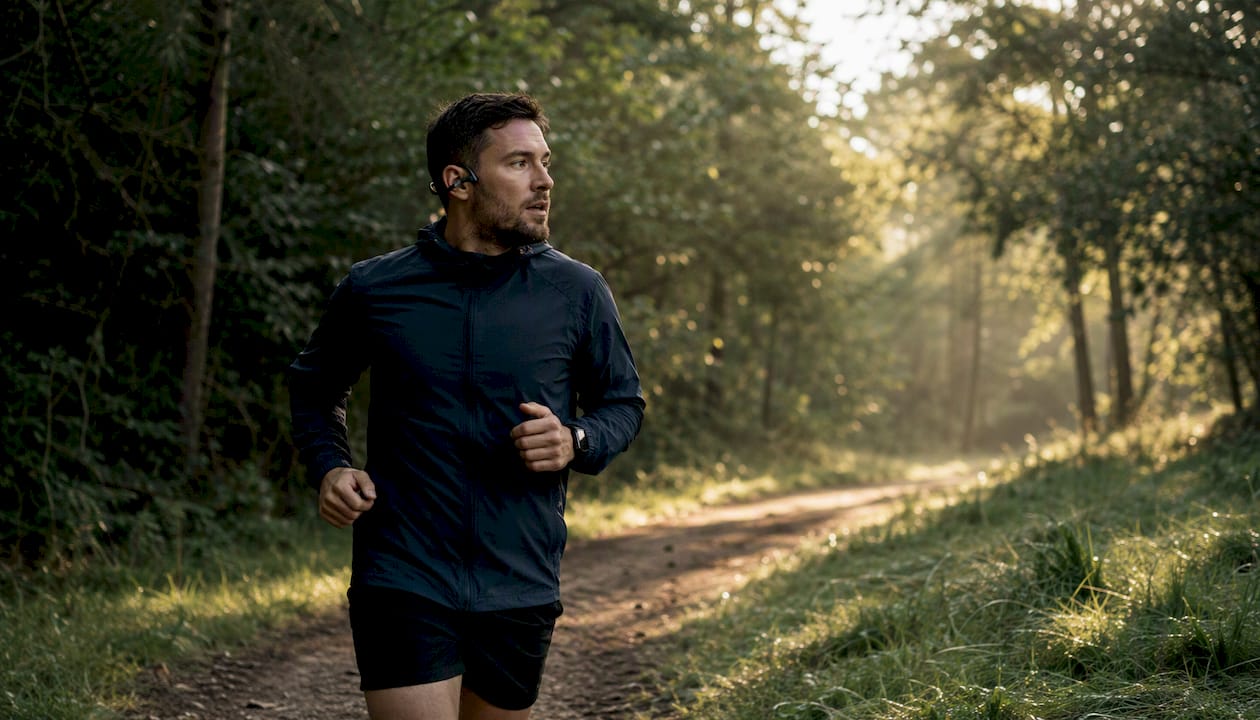 Runner using bone conduction headphones outdoors