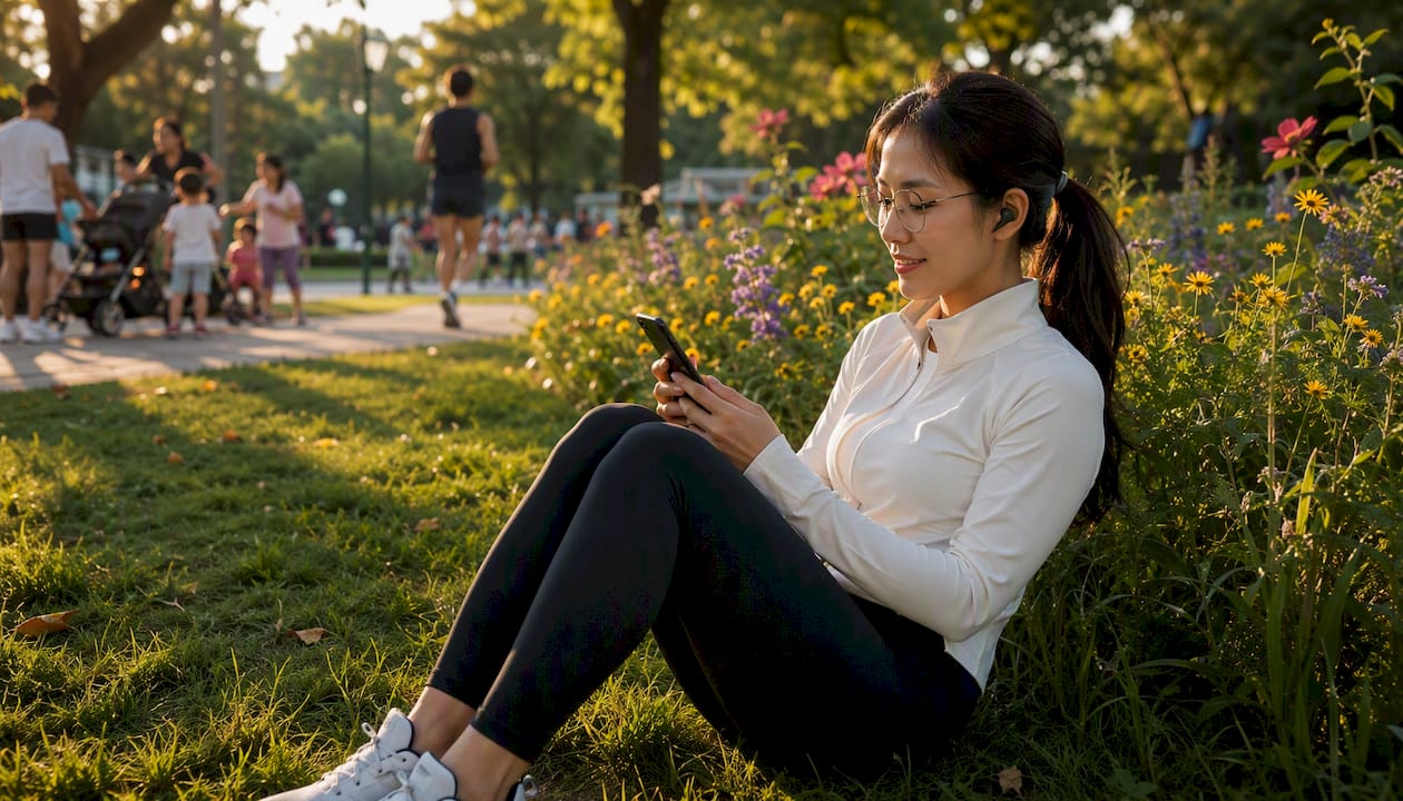 Woman wearing bone conduction headphones in park