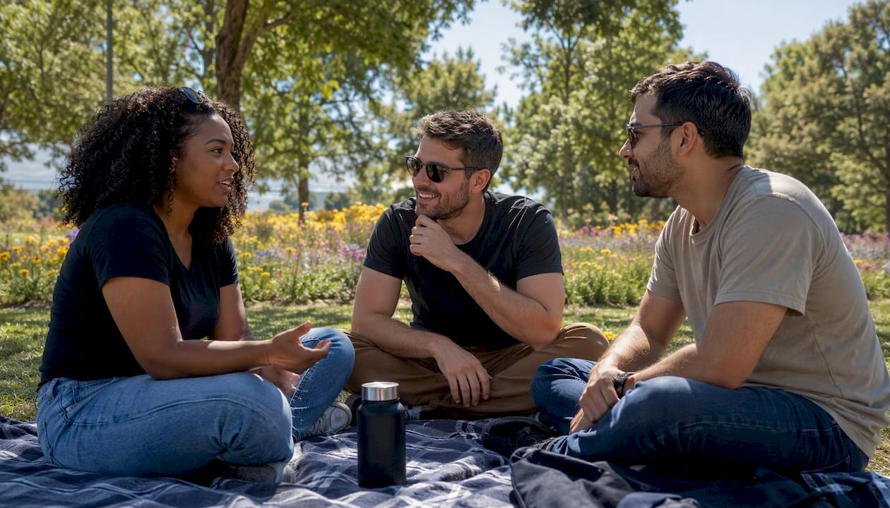Group enjoying conservative podcasts outdoors