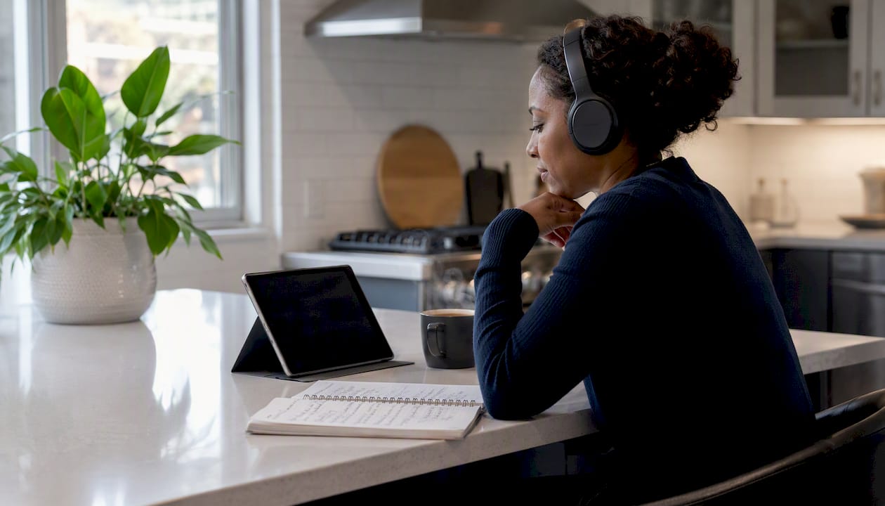 Woman listening to conservative podcast at home