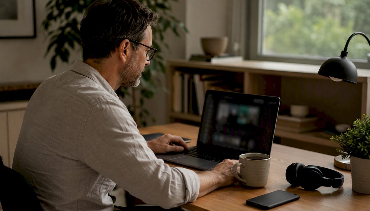 Man using desktop setup streaming podcasts in browser