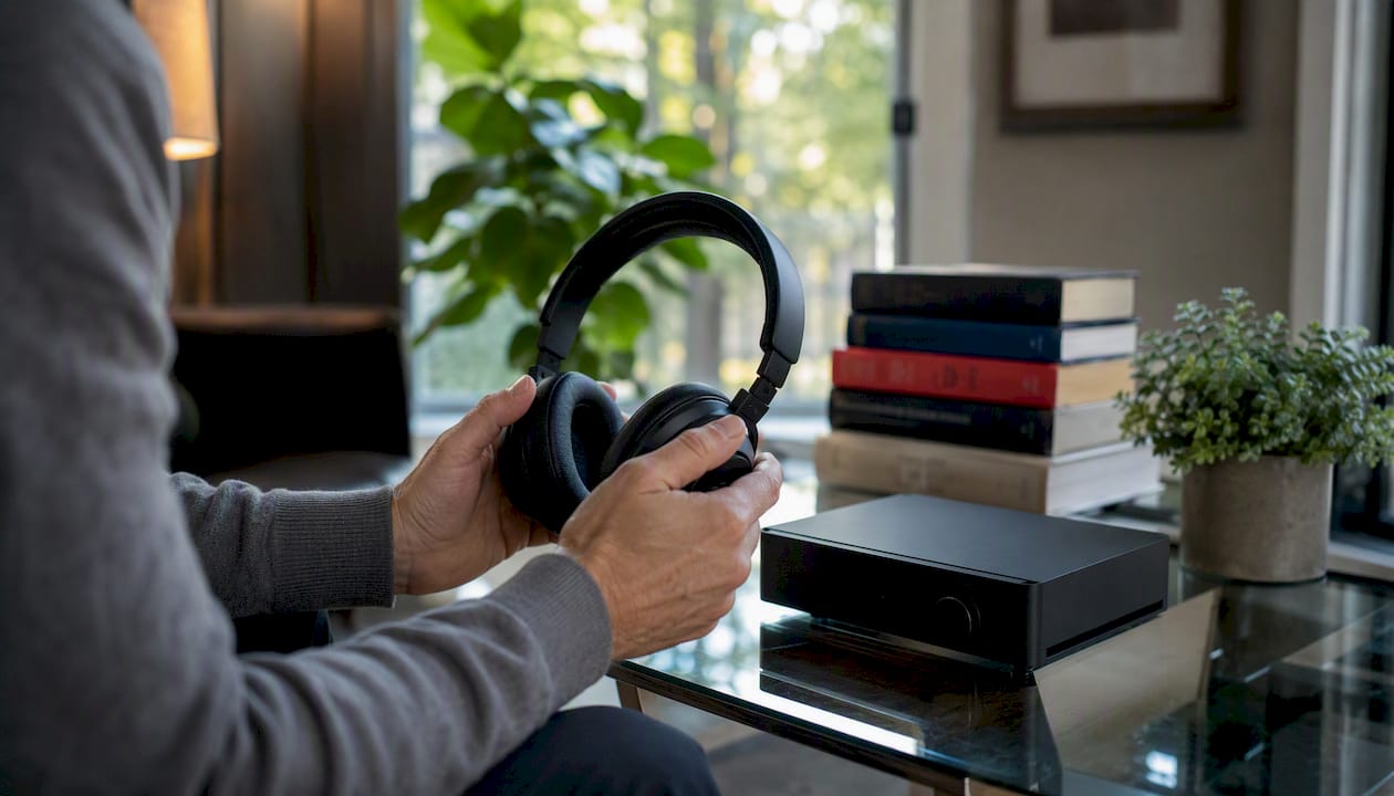 Hands with headphones near podcast player