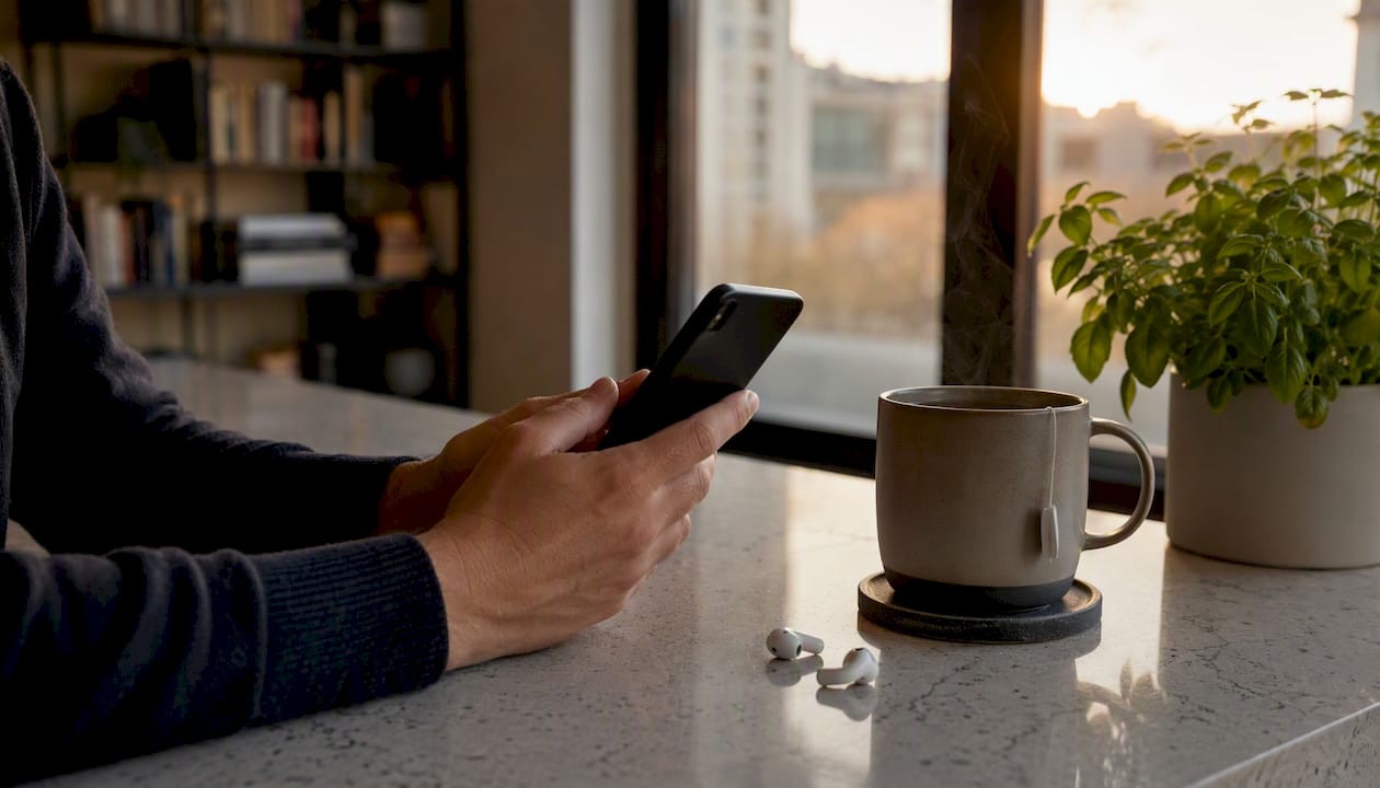 Hands holding phone with earbuds and coffee