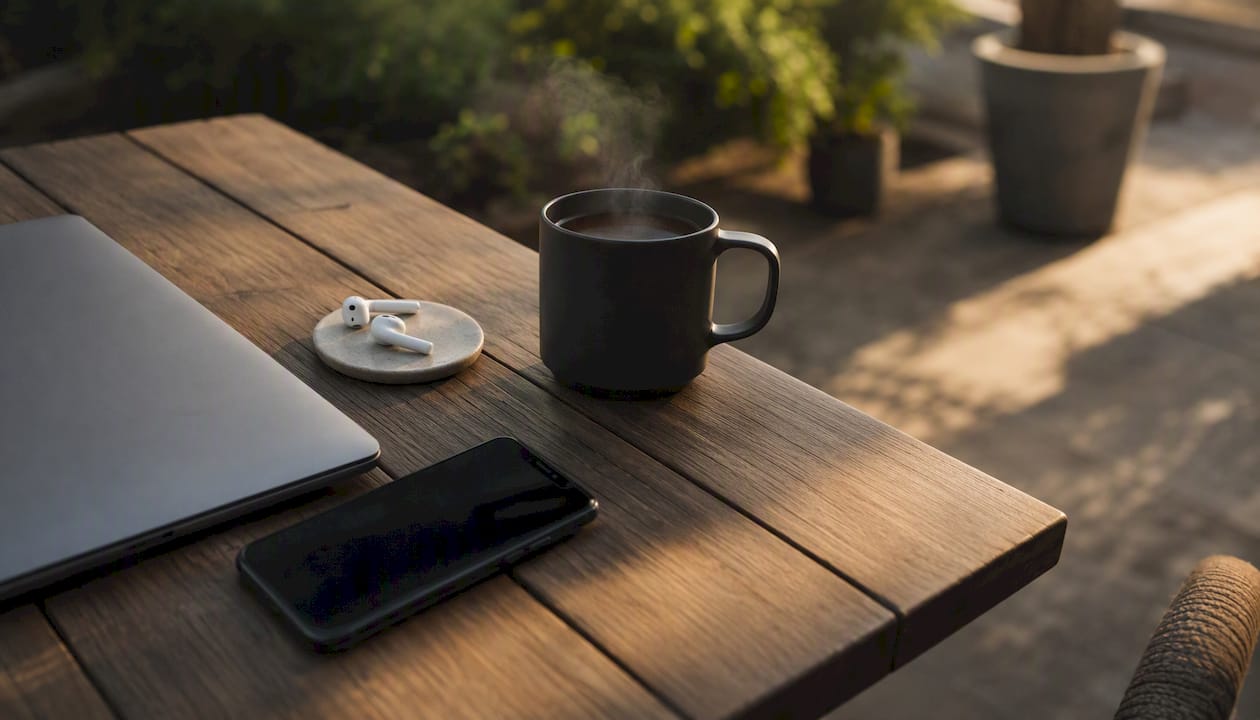 Home news consumption desk with dark devices and coffee