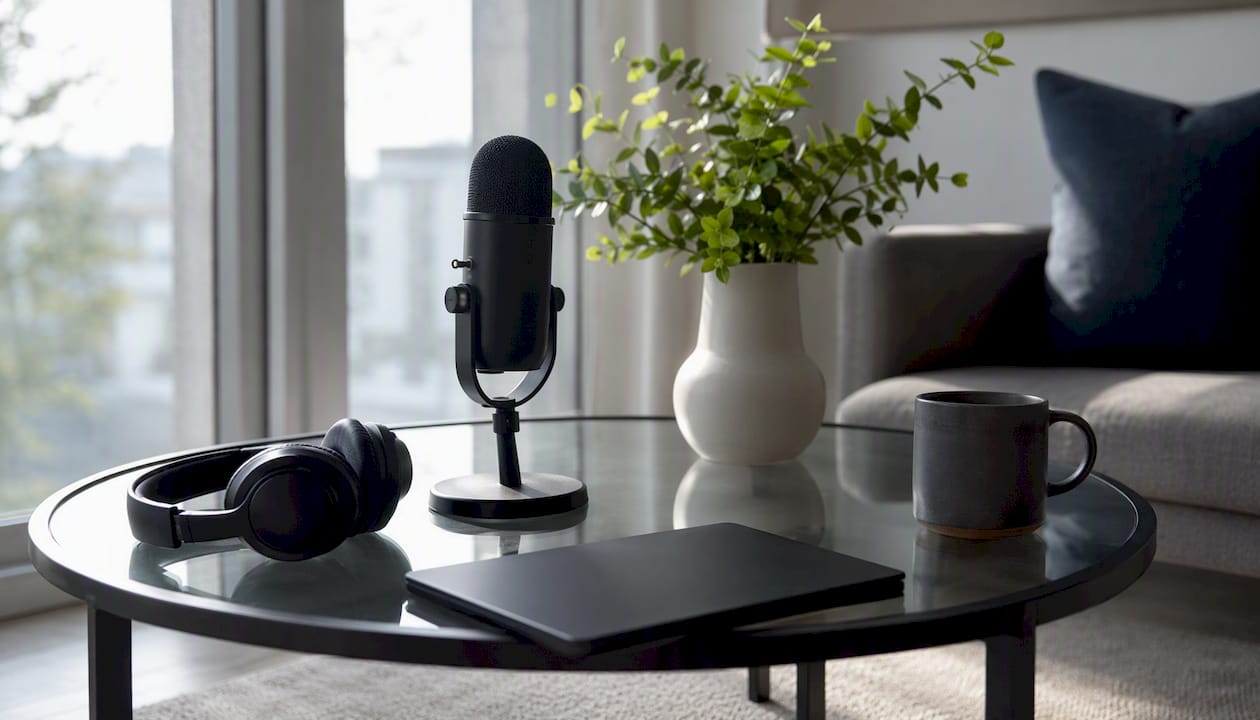 Podcast microphone and headphones on desk