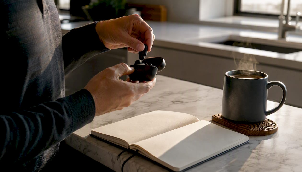 Hands storing earbuds beside coffee cup in the morning