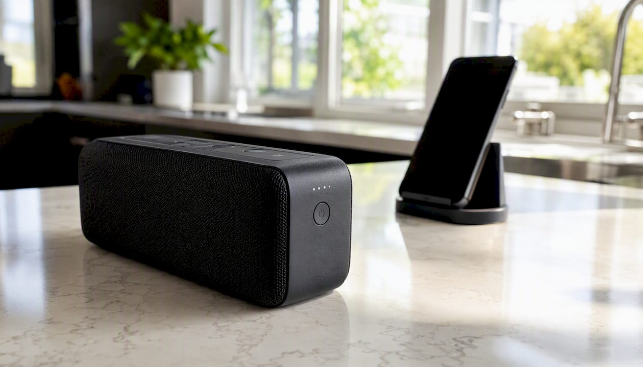 Compact portable speaker on side table for podcasts