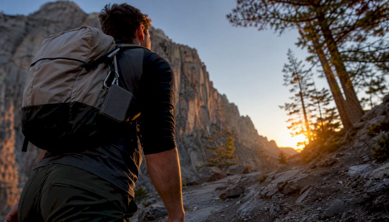 Speaker clipped on backpack strap for hiking