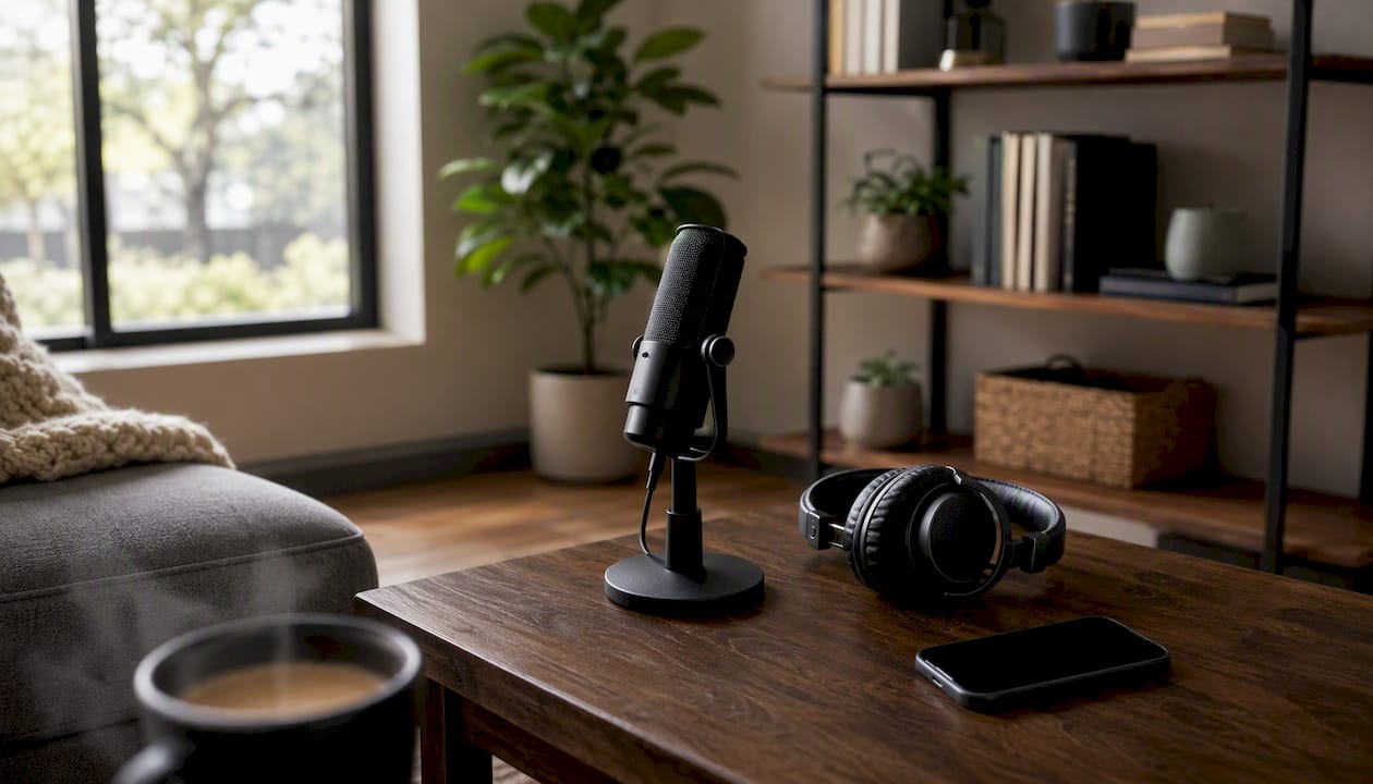 Podcast microphone and headphones on desk