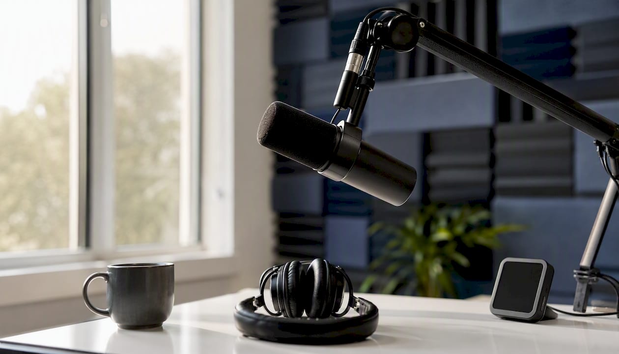 Professional podcast microphone and headphones setup
