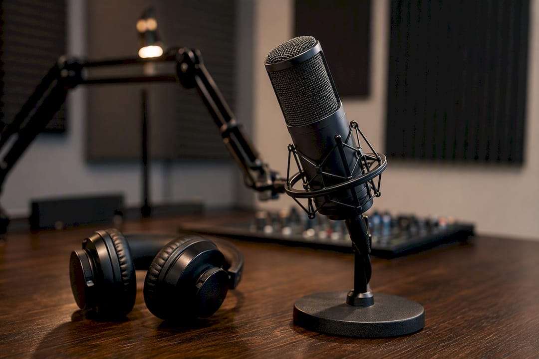 Podcast microphone and headphones in studio corner