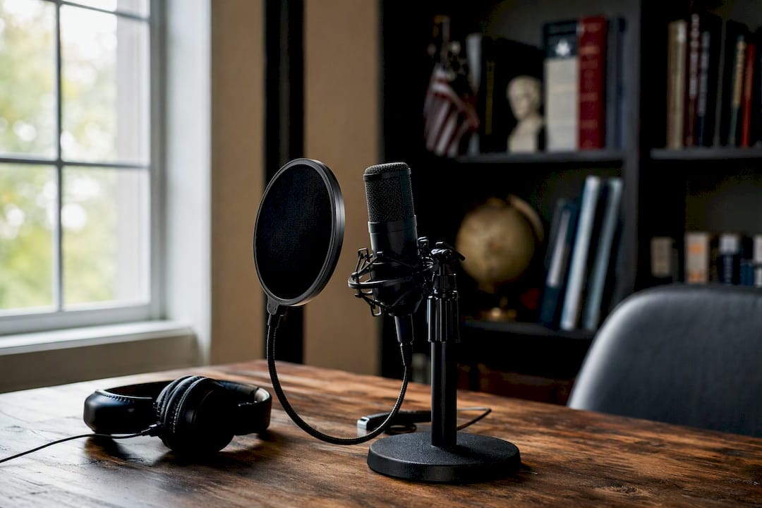 Podcast microphone and headphones in recording studio