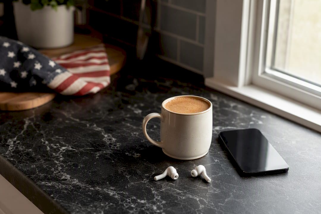 Wireless earbuds and coffee setup for podcast listening