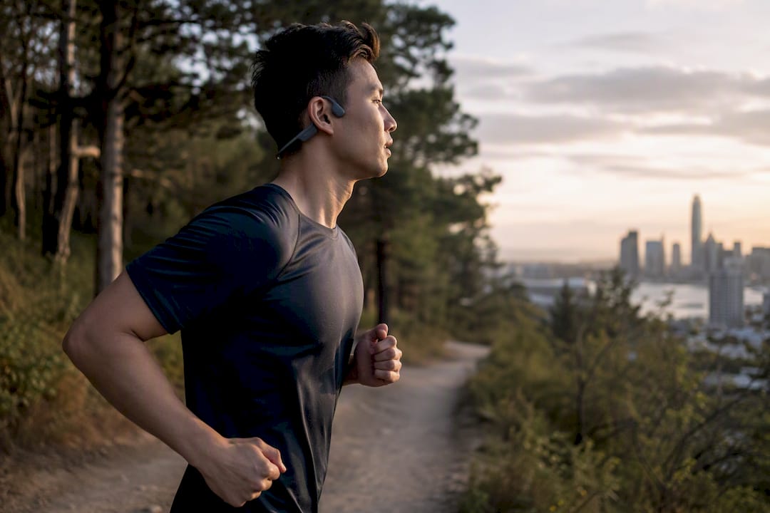 Person jogging wearing bone conduction headphones