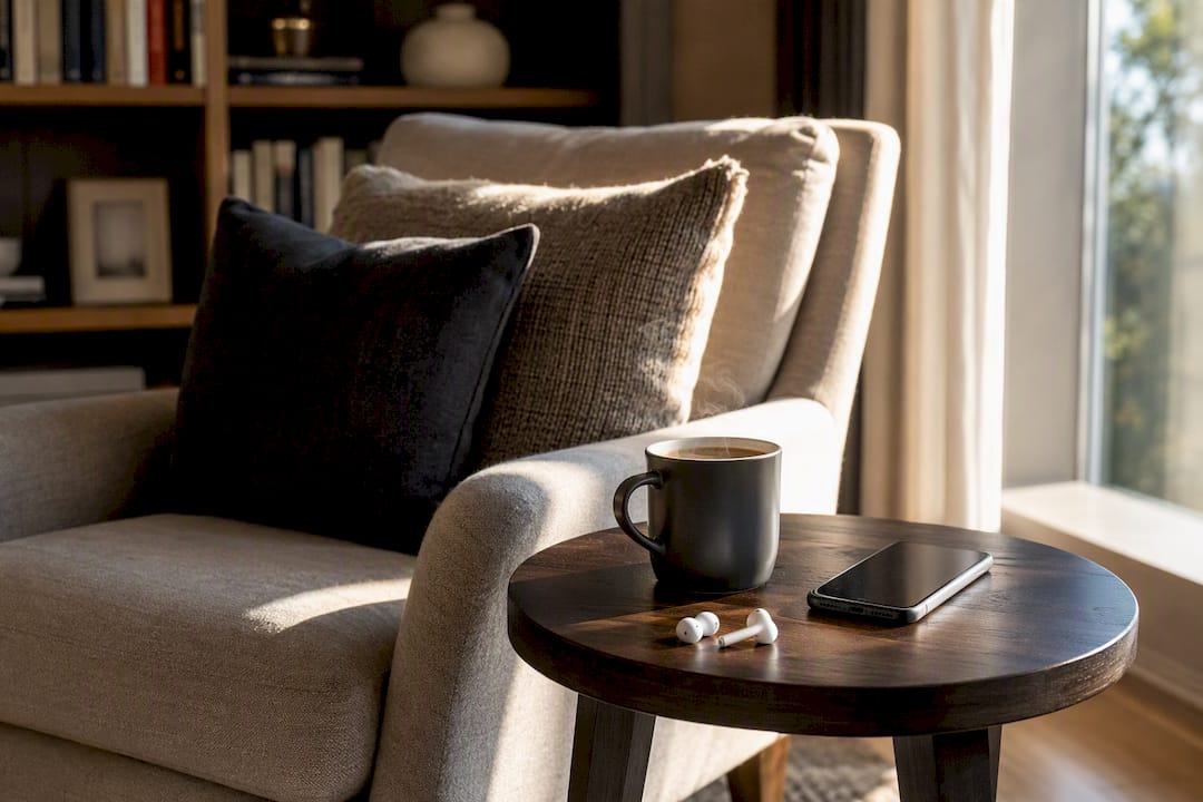 Cozy podcast listening setup with earbuds and coffee