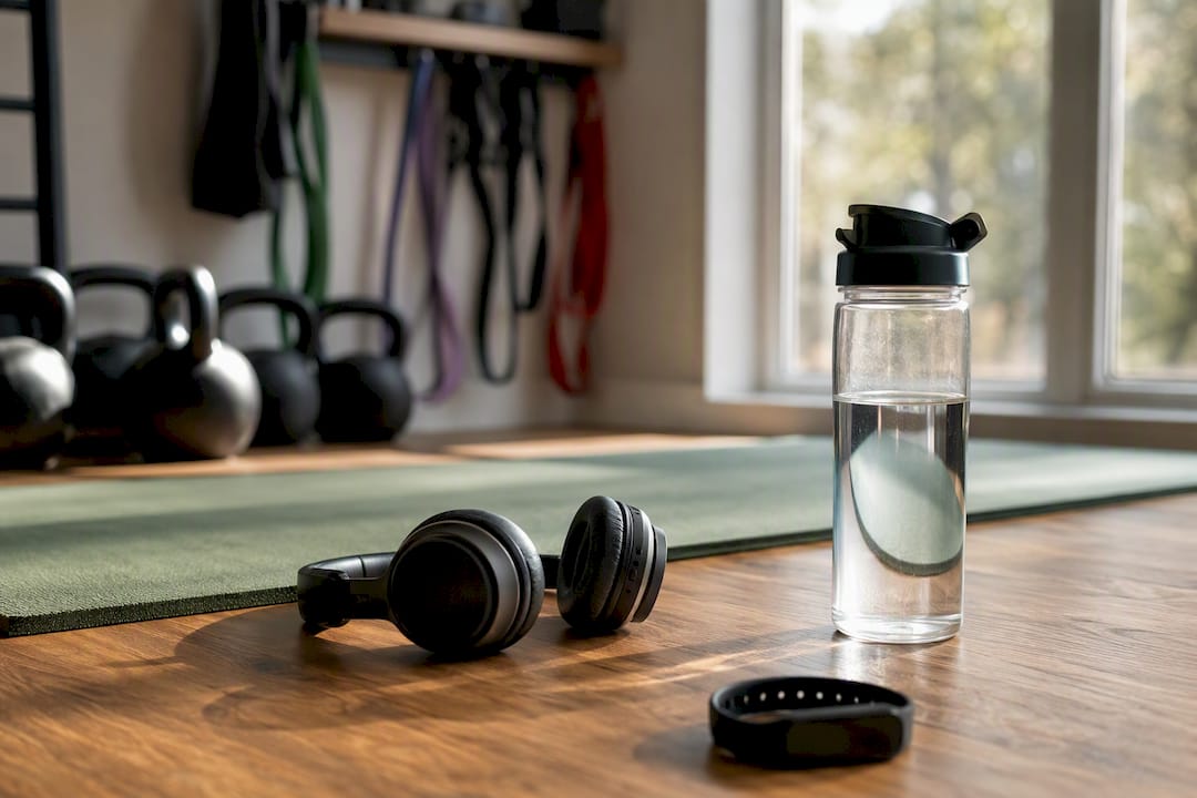 Headphones on kettlebell in home gym