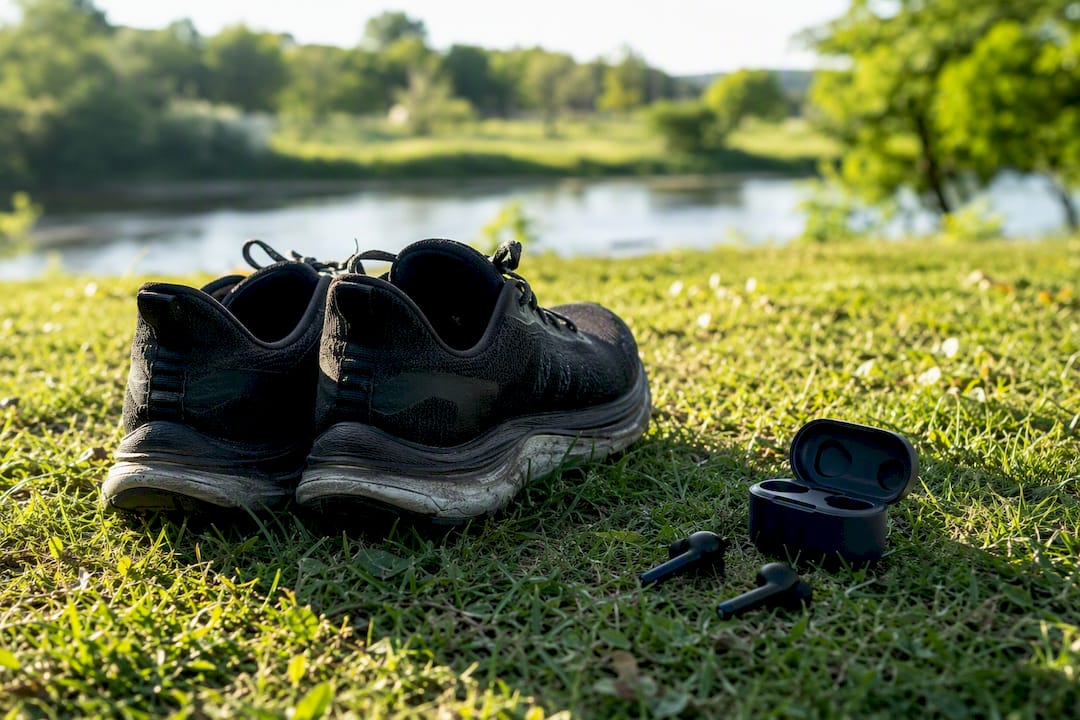 Running shoes and earbuds on gym floor