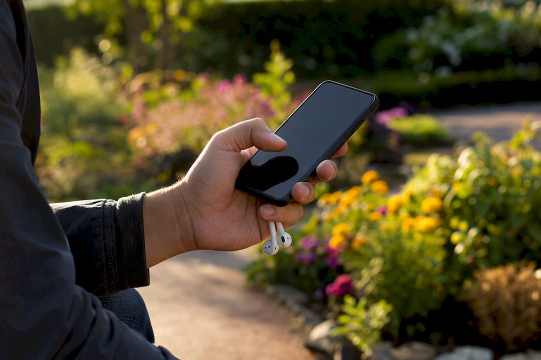 Hand holding smartphone and earbuds outdoors