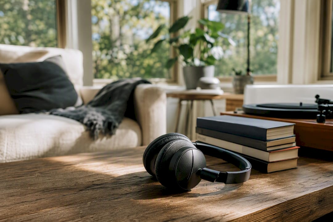 Headphones on table for podcast listening
