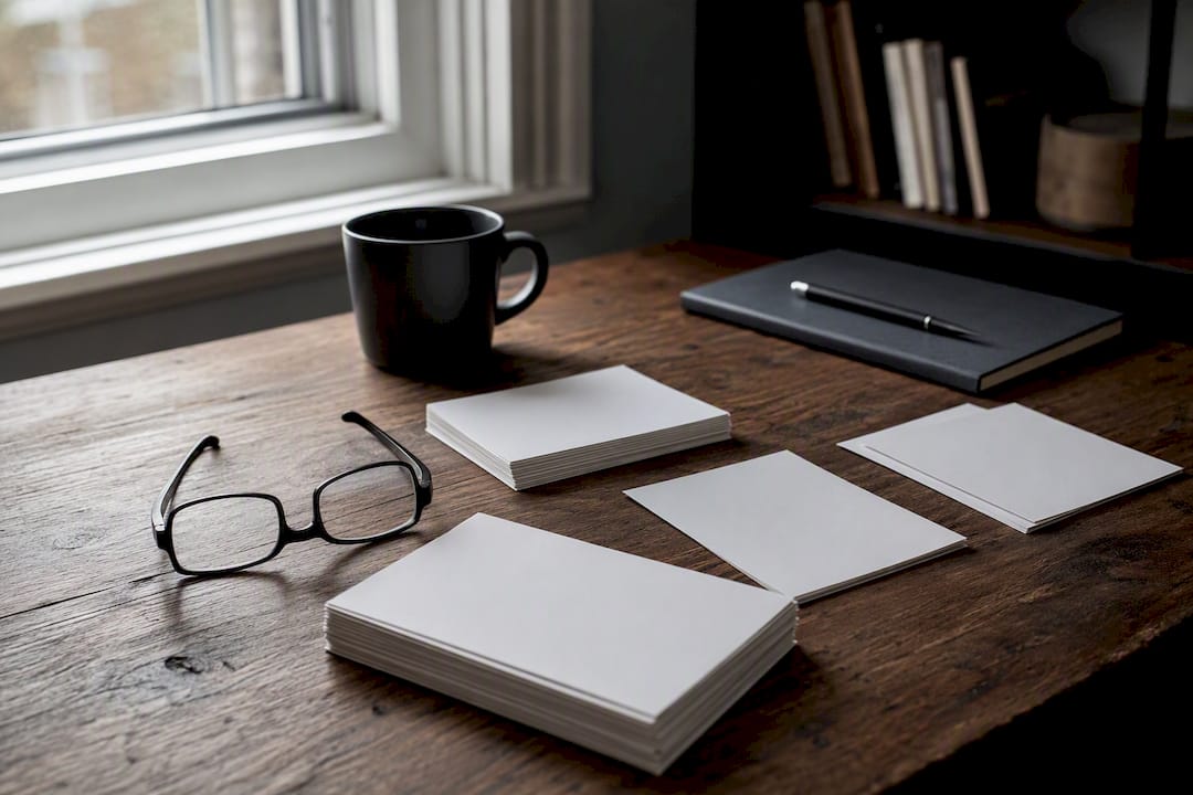 Coffee mug and glasses on desk with notes