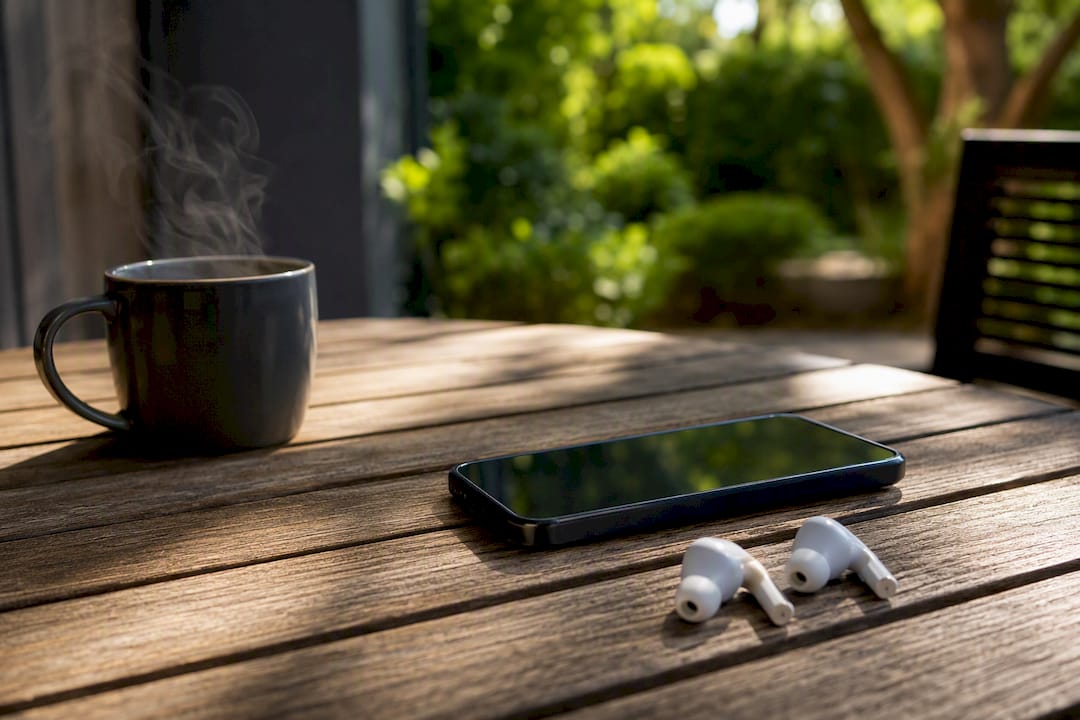Smartphone and earbuds for podcast listening
