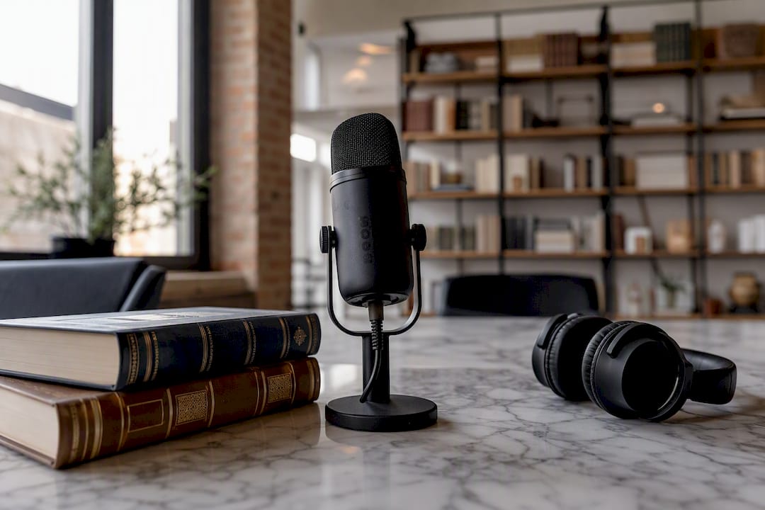 Podcast microphone with law books in studio