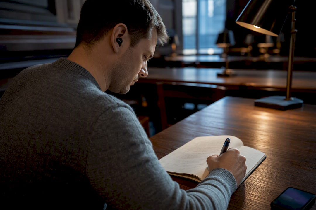 Listener taking notes during podcast listening