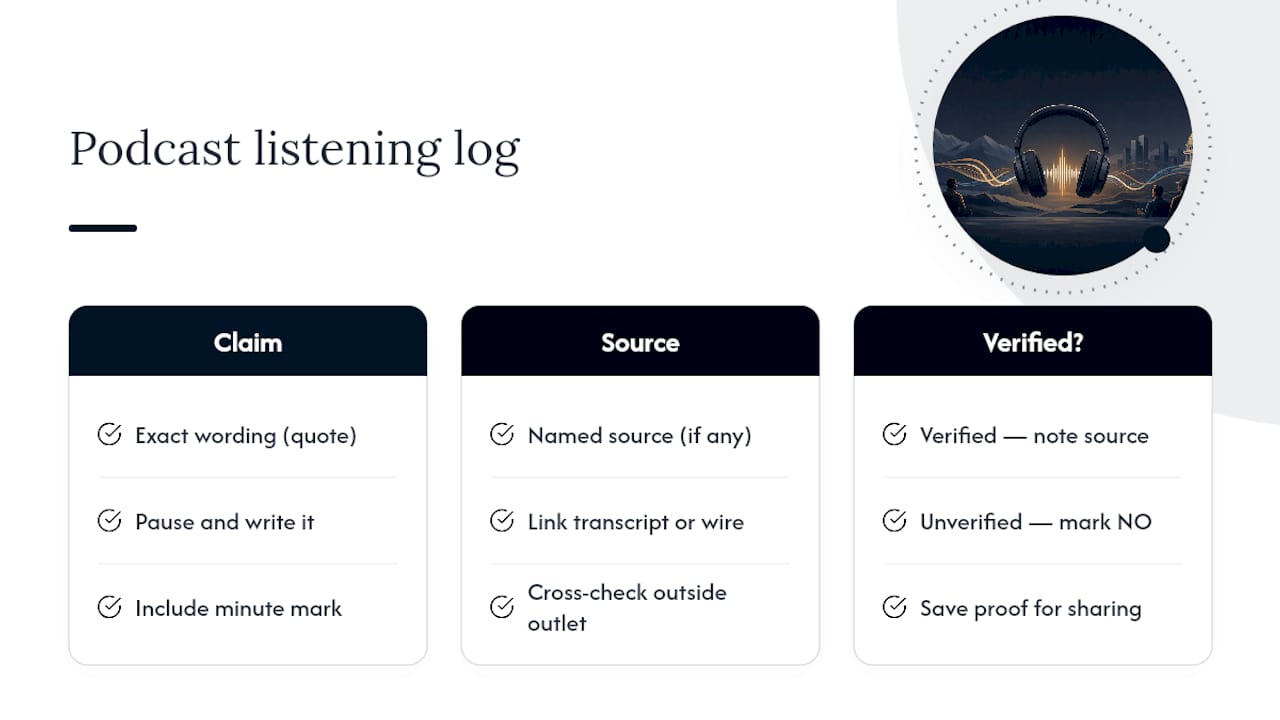 Three-column podcast claim verification workflow