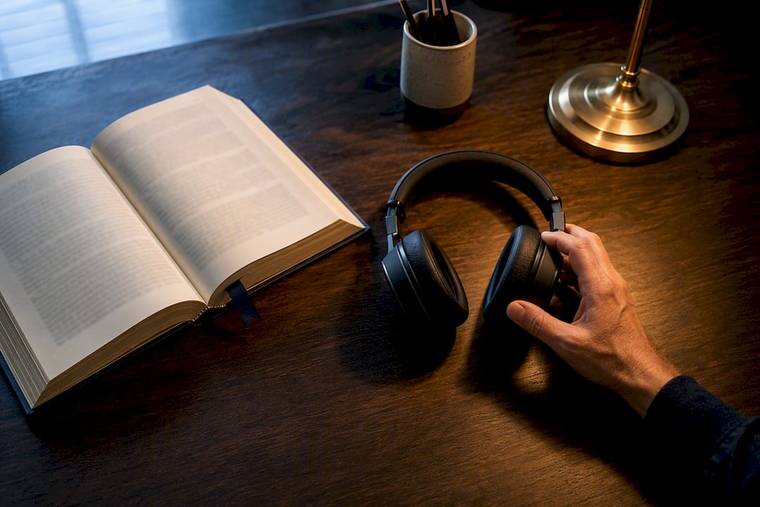 Headphones beside constitutional law book