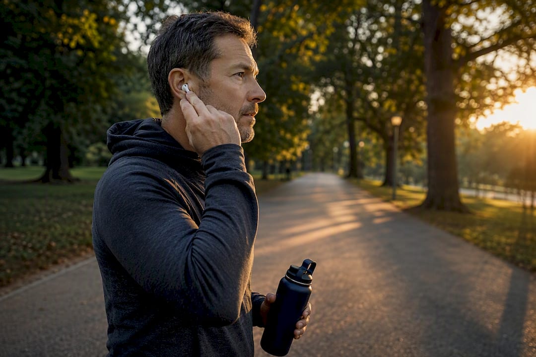 Listener hearing a podcast during morning walk
