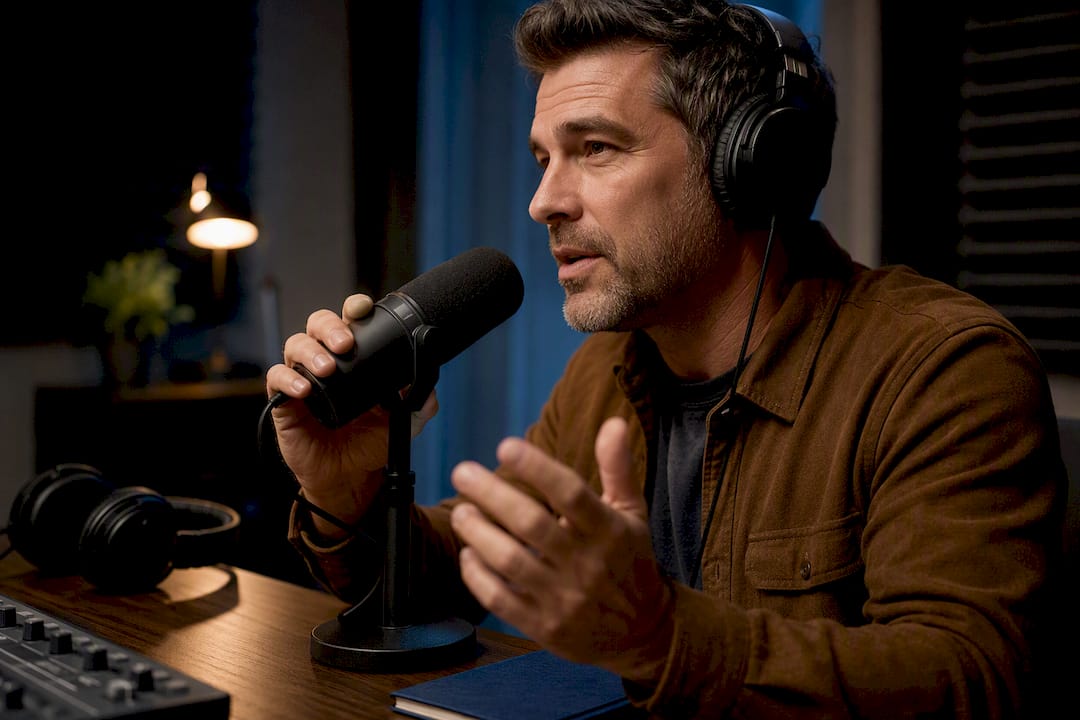 Podcast host speaking into studio microphone