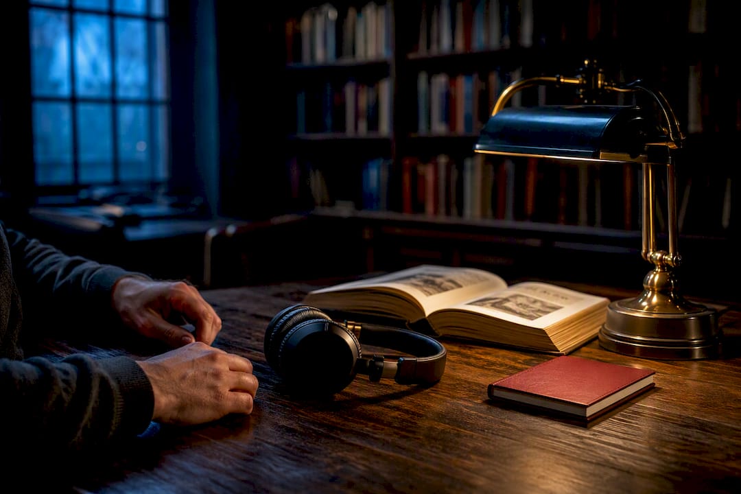 Headphones and history book in a library