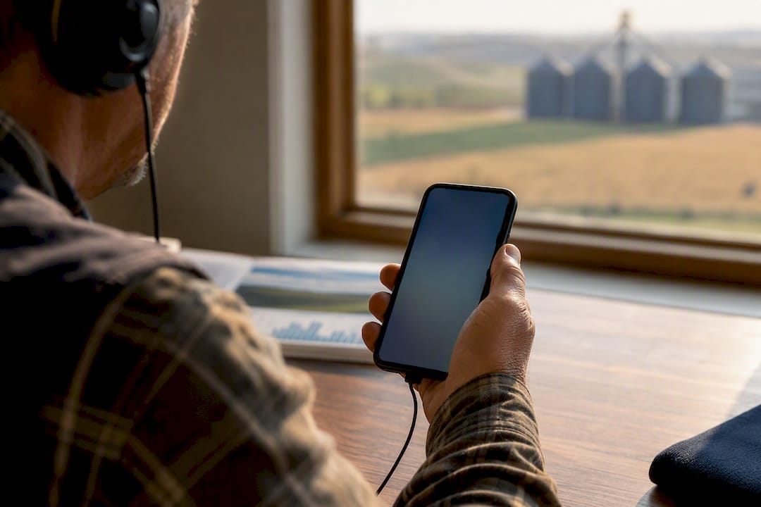 Farm operator listening to policy podcast