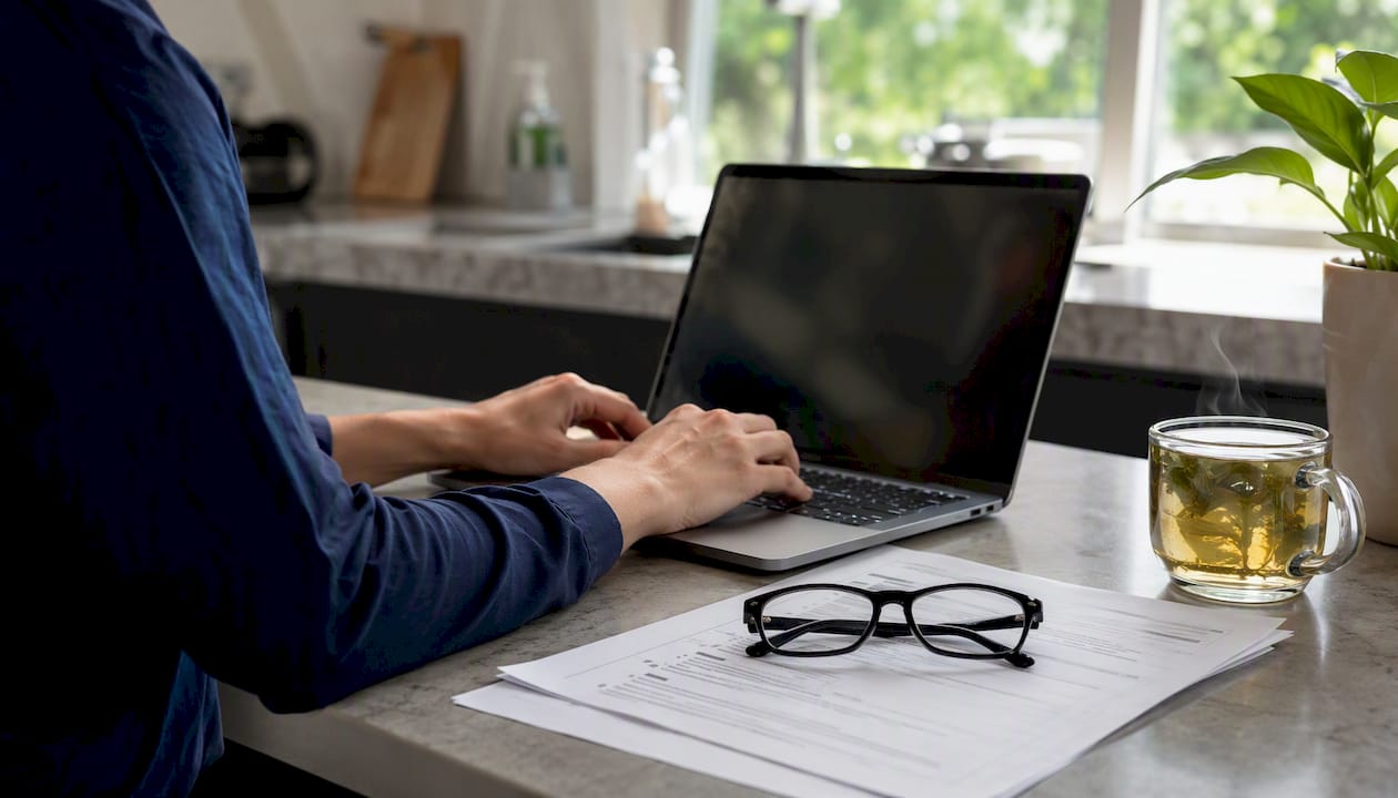 Hands typing near estimate form checklist on desk