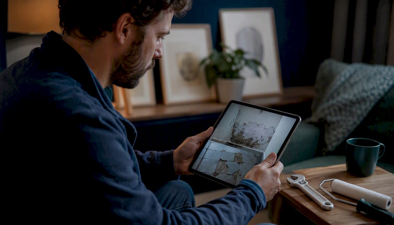 Tradesperson reviewing customer photos in workshop