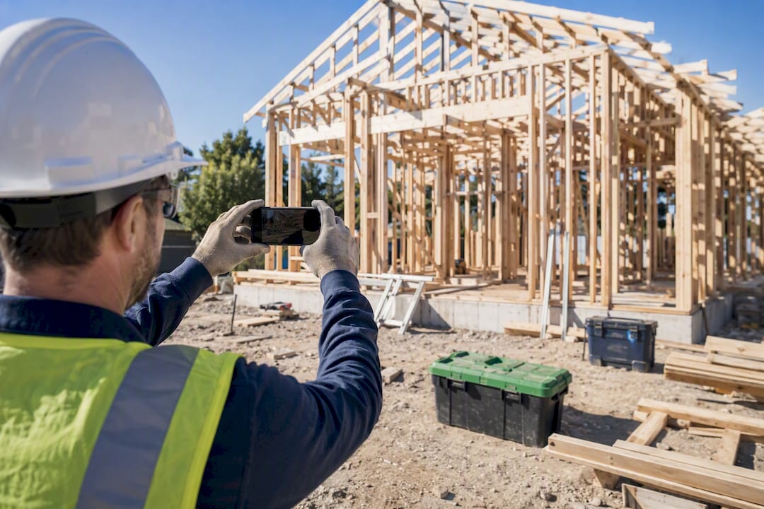Foreman photographing framing stage on construction site