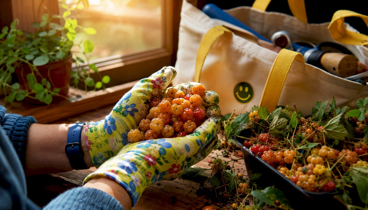 Hands inspecting ripe cloudberries on table