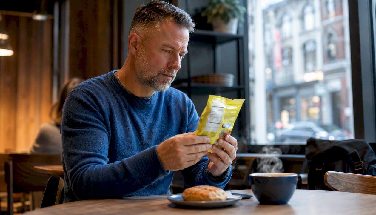 Man inspecting candy package ingredient list at desk