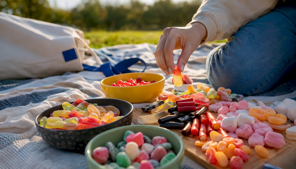 Overhead view of assorted sour Swedish candy bowls