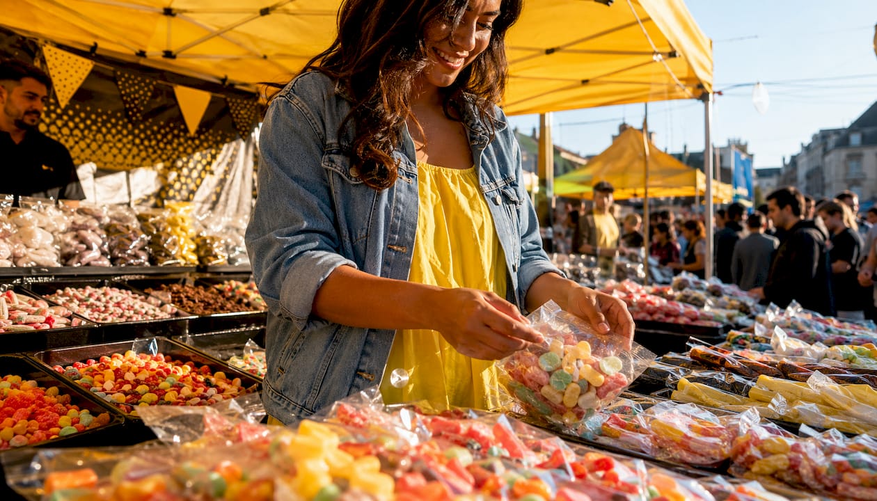 Man scooping Swedish candy in specialty store
