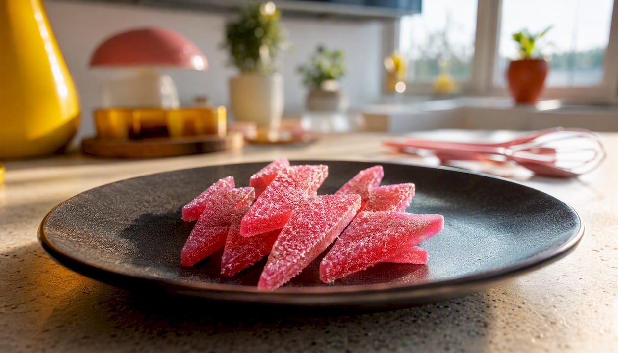 Close-up of pink sour sugar coated BUBS Sour Bolts