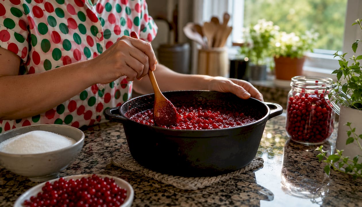 Hands stirring lingonberry jam in ceramic pot